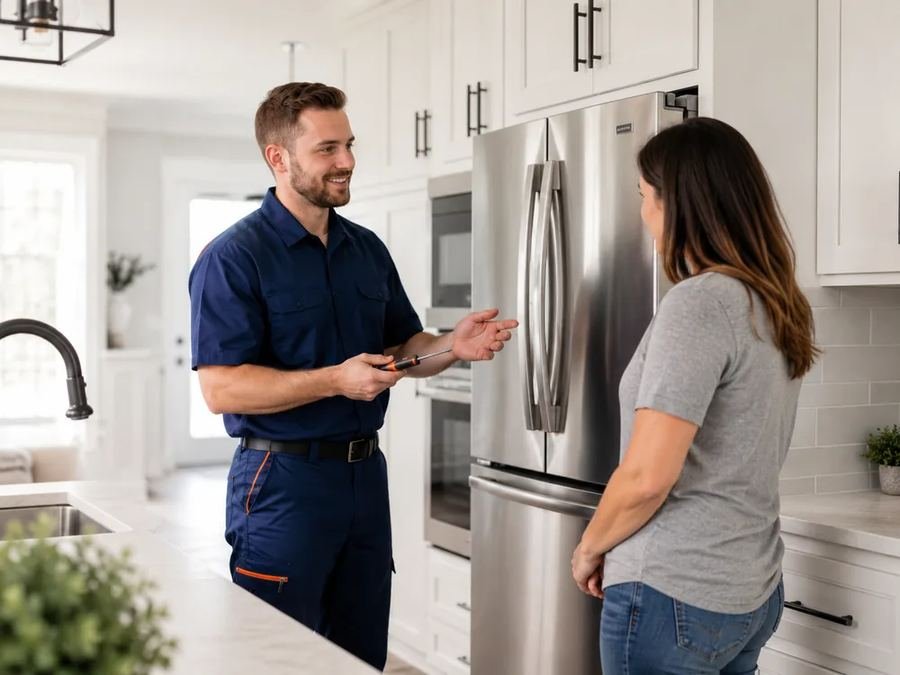 Technician repairing a refrigerator for affordable appliance repair in Tyler, TX