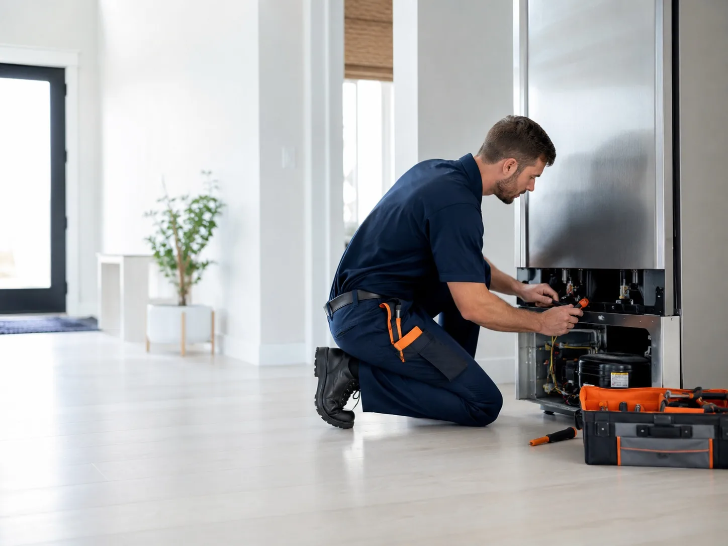 Appliance repair technician servicing a refrigerator in Tyler TX