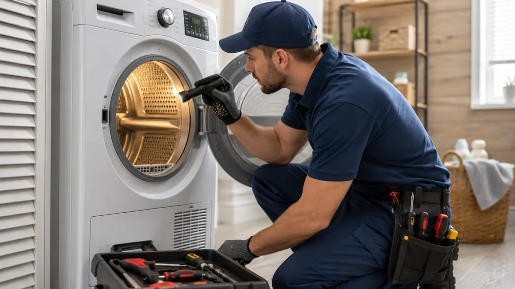 Technician checking a dryer not heating issue in Tyler TX