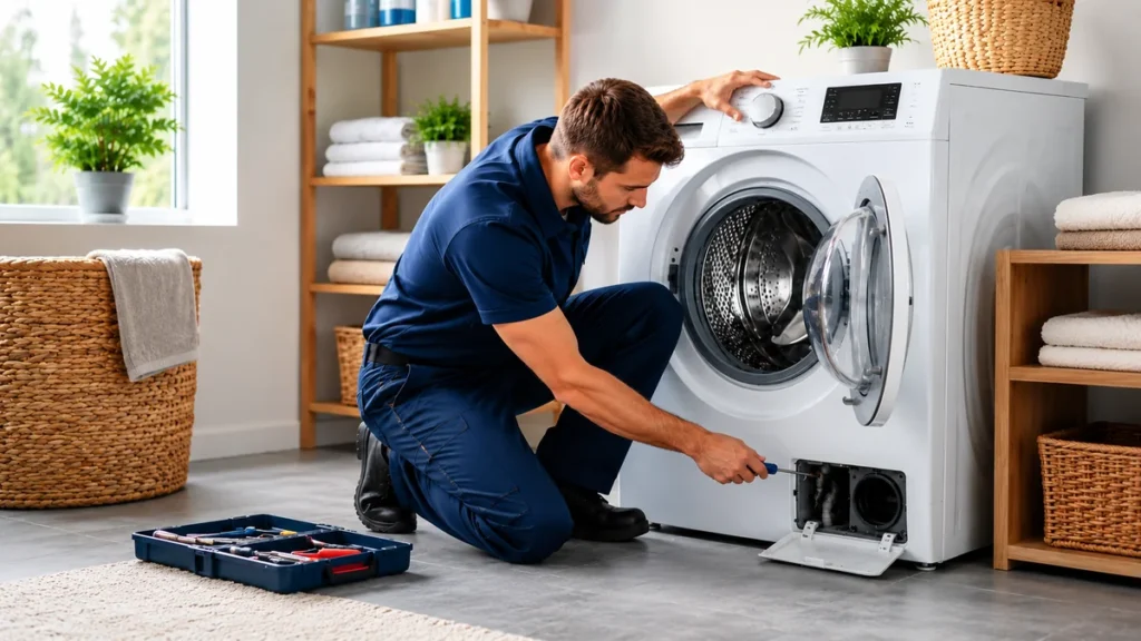 Technician repairing a washing machine for a washer not draining issue in Tyler TX