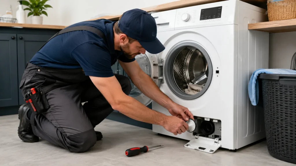 Technician inspecting a washing machine that is not draining in a modern laundry room in Tyler TX
