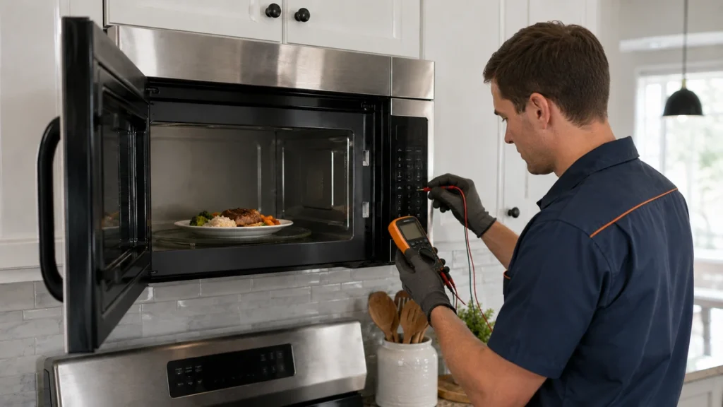Appliance technician checking a microwave not heating in a Tyler TX home