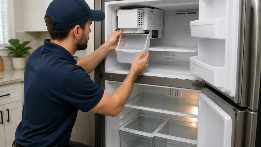 Technician inspecting a refrigerator ice maker in a Tyler TX kitchen