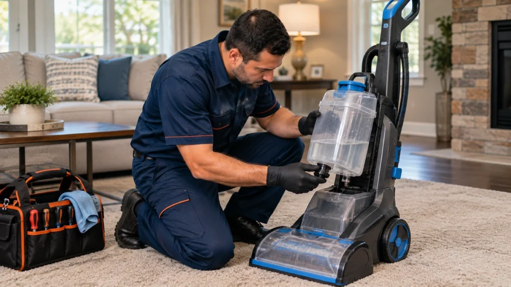 Technician checking a carpet cleaner not spraying water in Tyler TX